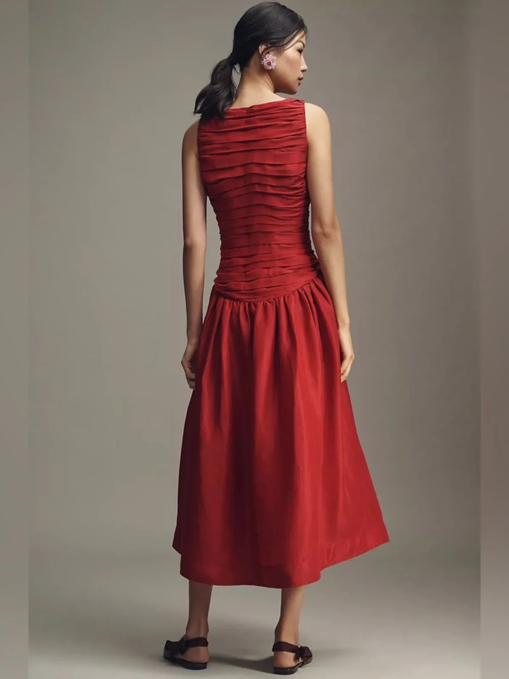 NWT Anthropologie Lovaan Val Linen Silk Pleated Midi Dress Red - Picture 4 of 9